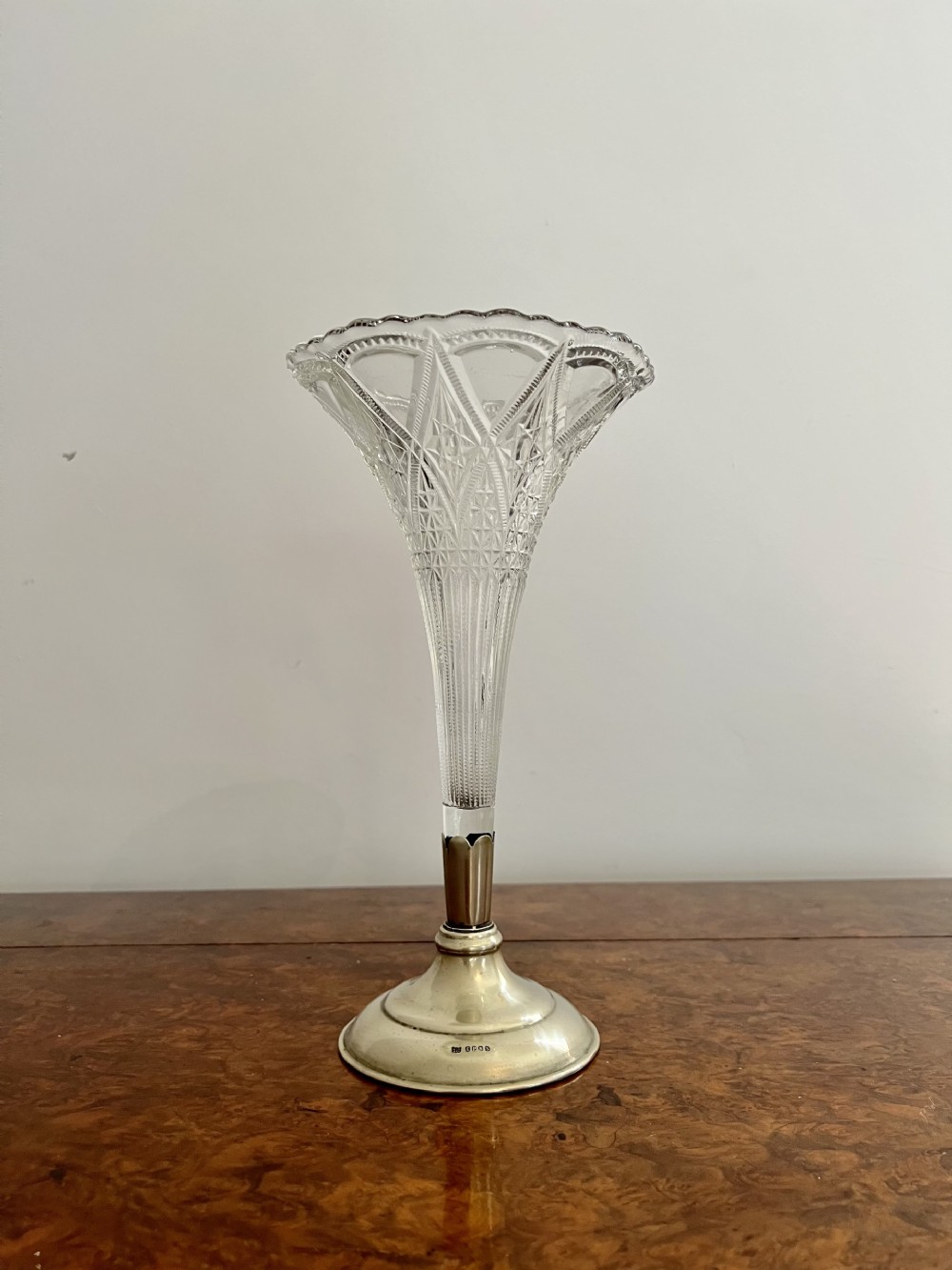 Fine quality antique Edwardian cut glass and silver plated fluted spill vase 