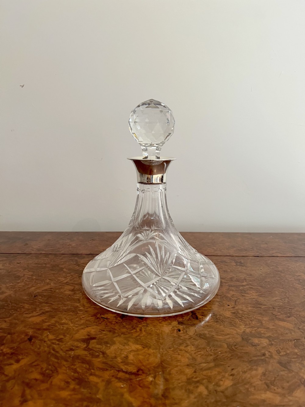 Stunning quality antique Edwardian silver collar cut glass ships decanter 