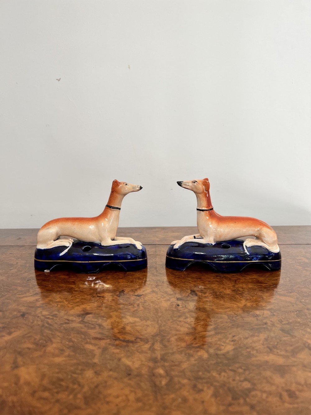 Quality pair of antique Victorian Staffordshire greyhound inkwells