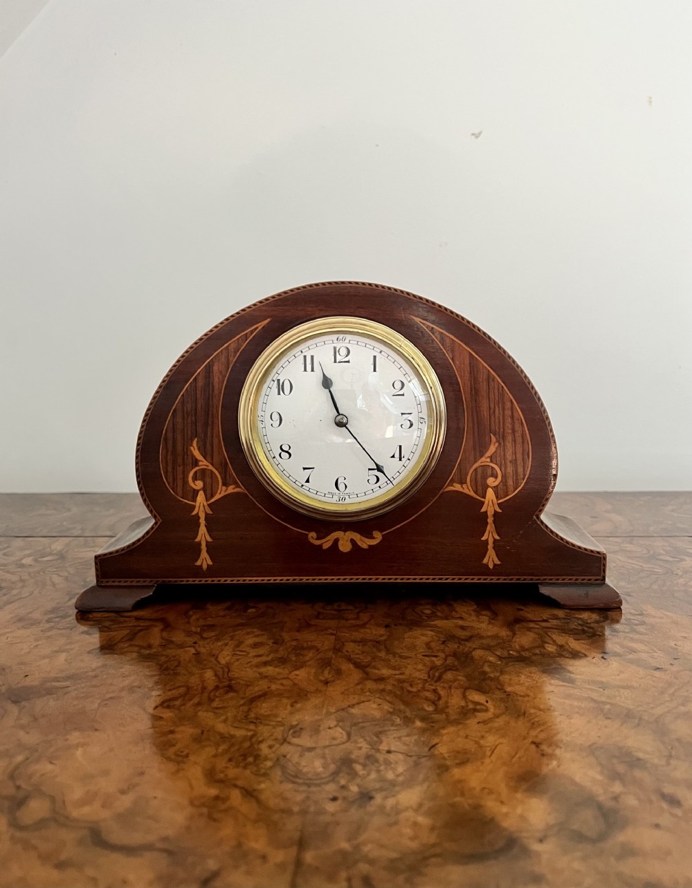 Antique Edwardian quality mahogany inlaid desk clock 