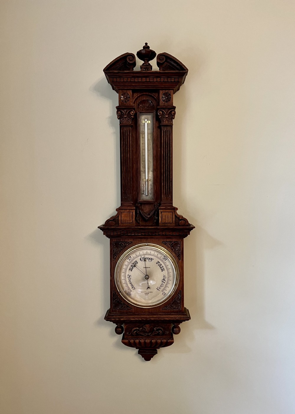 Large antique Victorian quality carved oak aneroid barometer by Negretti & Zambra of London