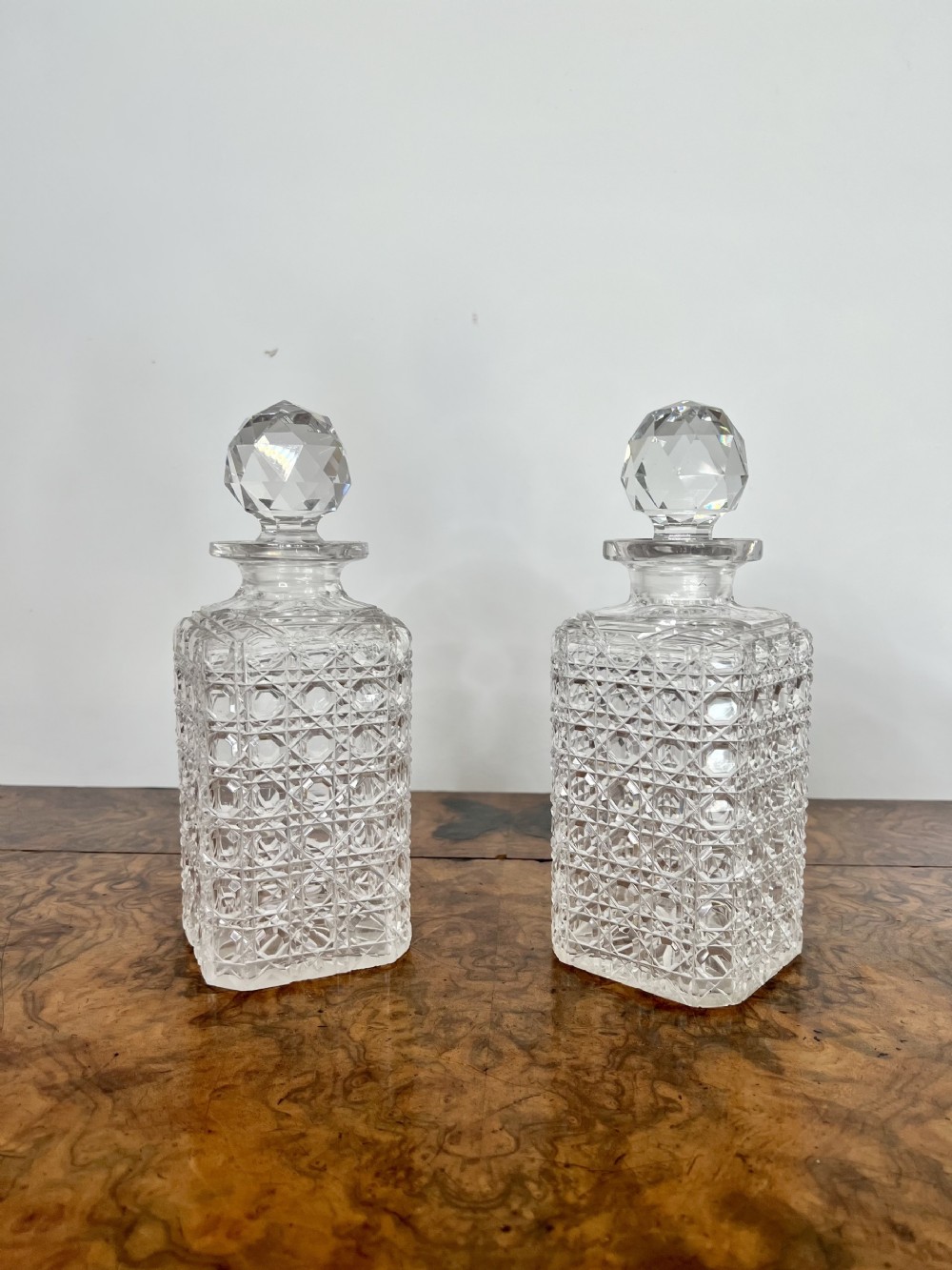 Lovely pair of antique Edwardian cut glass decanters 