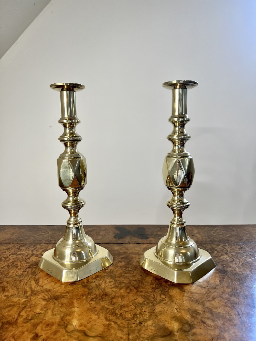 Large pair of antique Victorian quality brass ace of diamonds candlesticks 