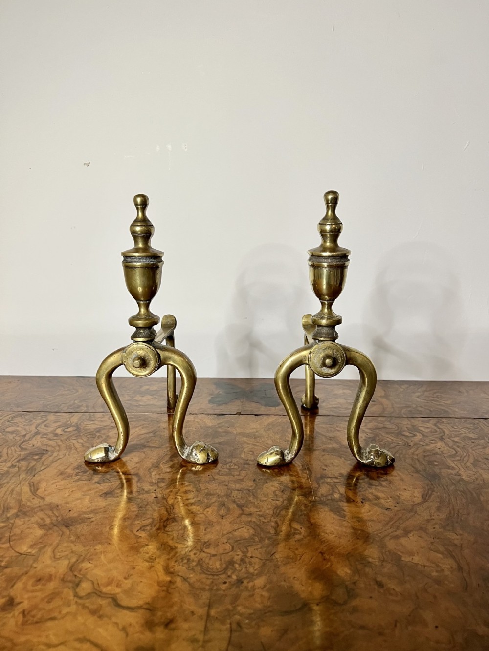 Elegant pair of quality antique Victorian brass fire dogs 