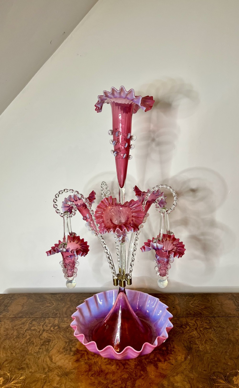 Outstanding quality large antique Victorian cranberry glass epergne