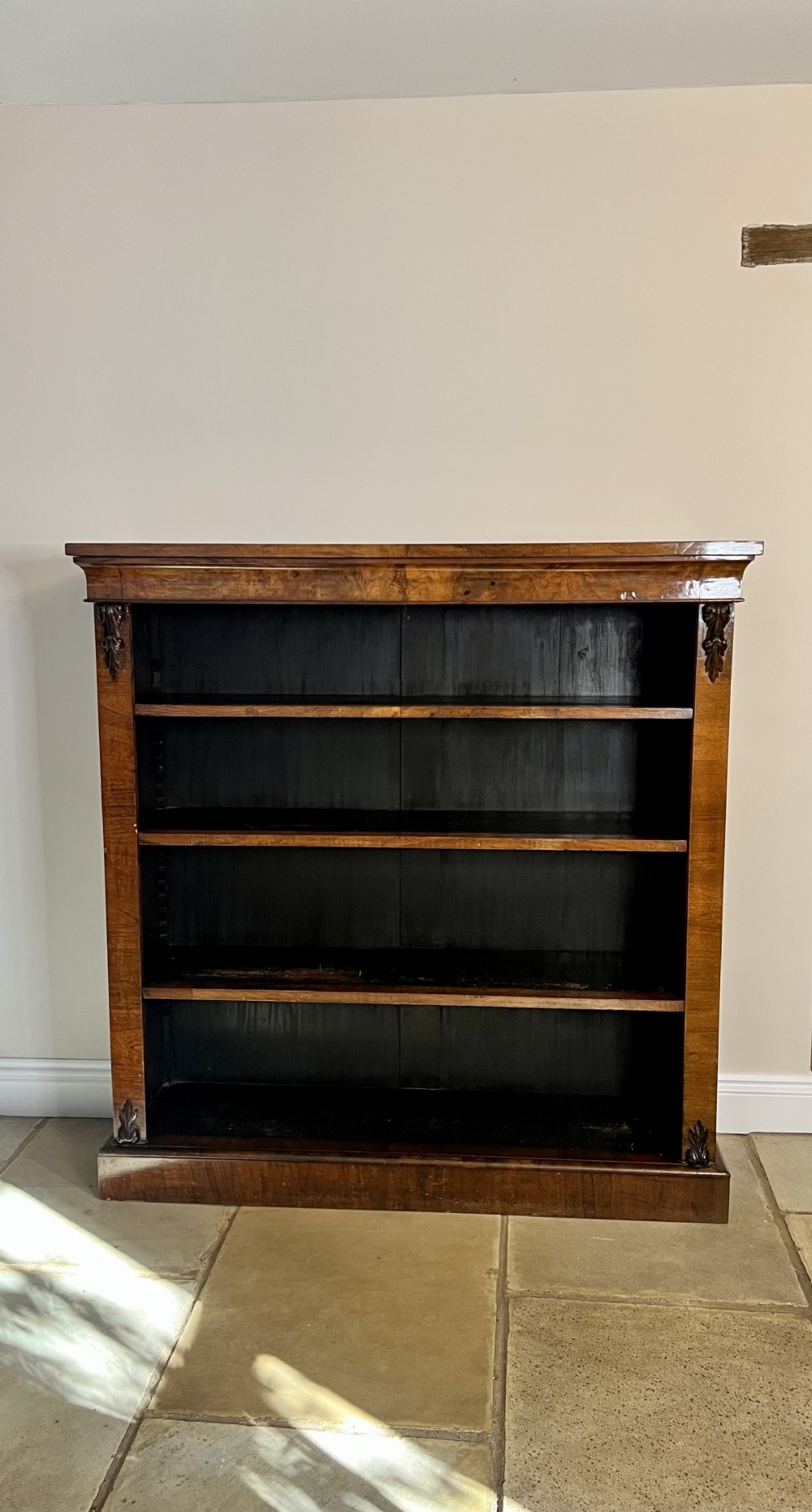 Superb quality large antique Victorian burr walnut open bookcase