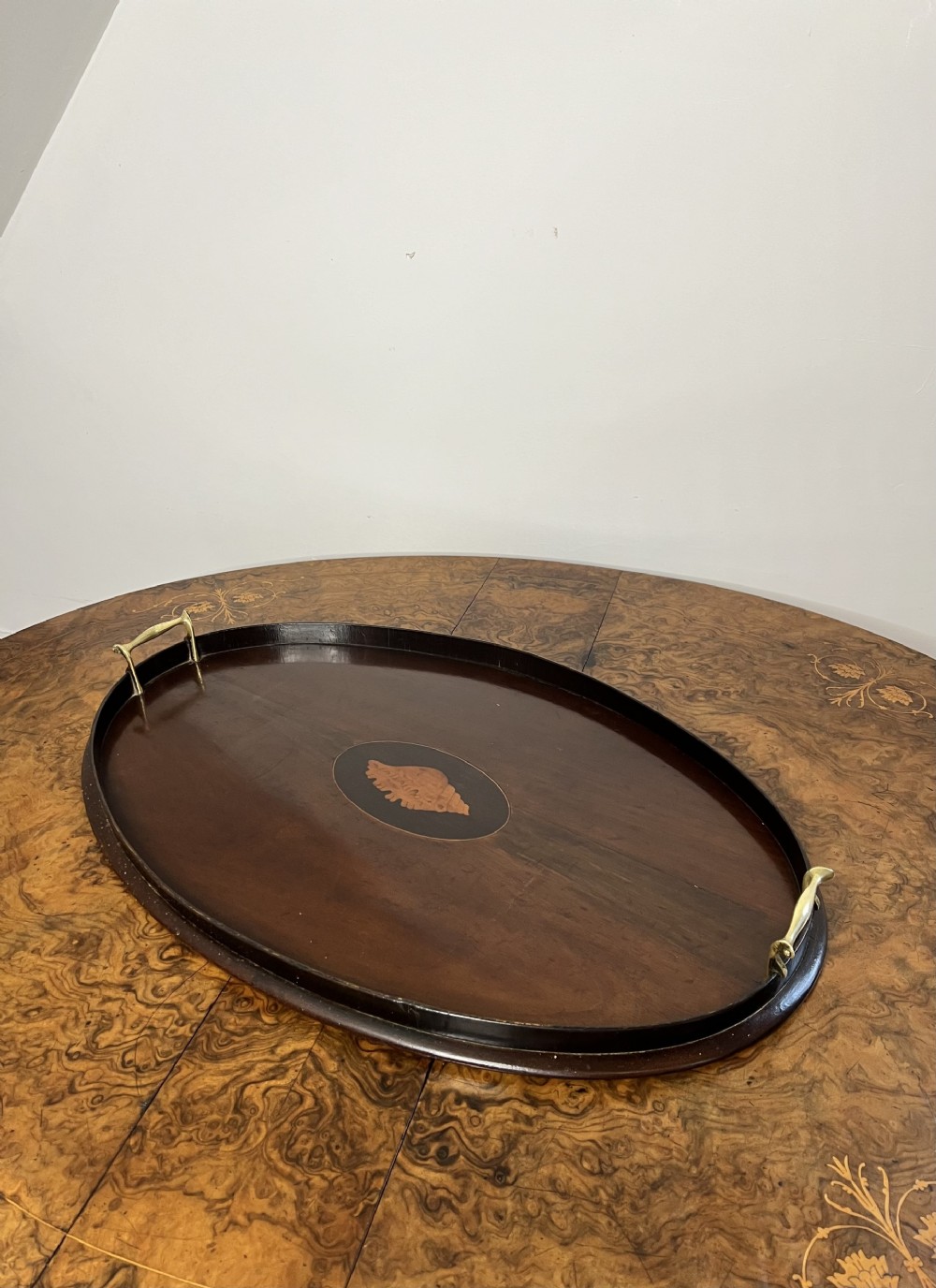 An oval Edwardian mahogany tea tray featuring a central inlaid patera and polished brass carrying handles.