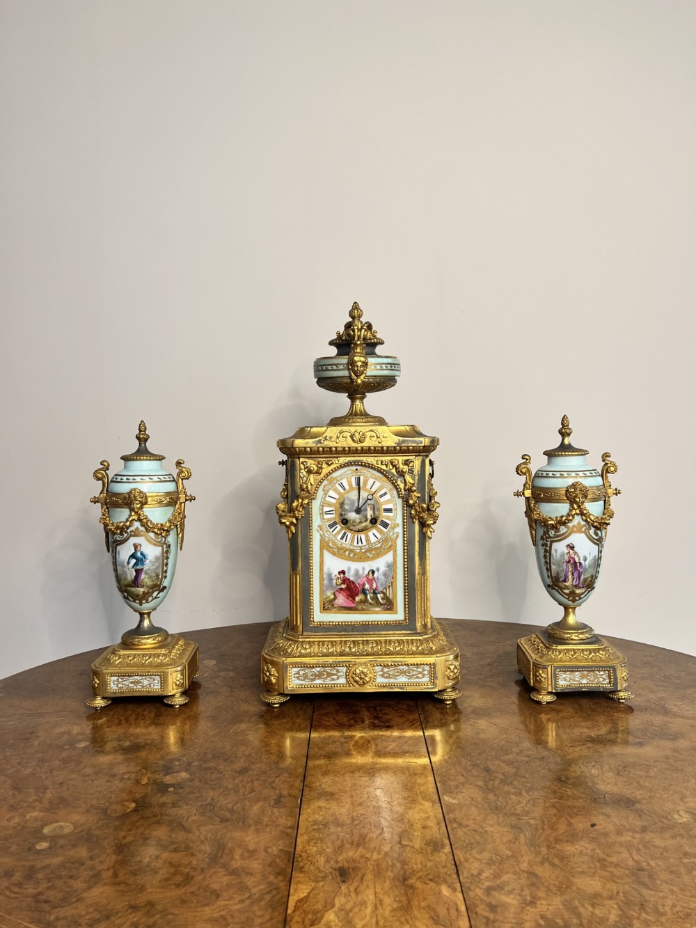 Outstanding quality antique Victorian French mantle clock garniture set 