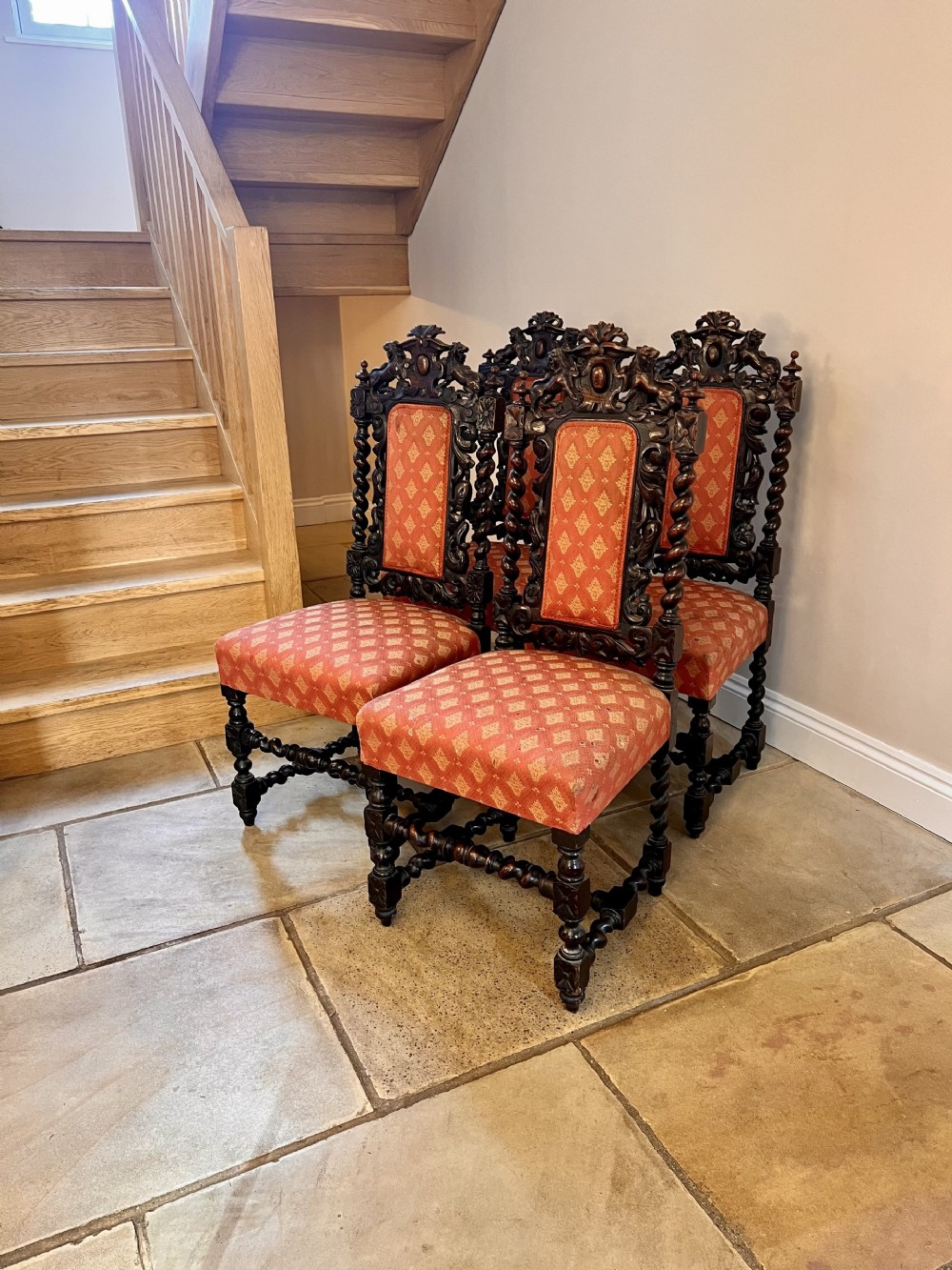 Fantastic set of four quality carved oak antique Victorian dining chairs 