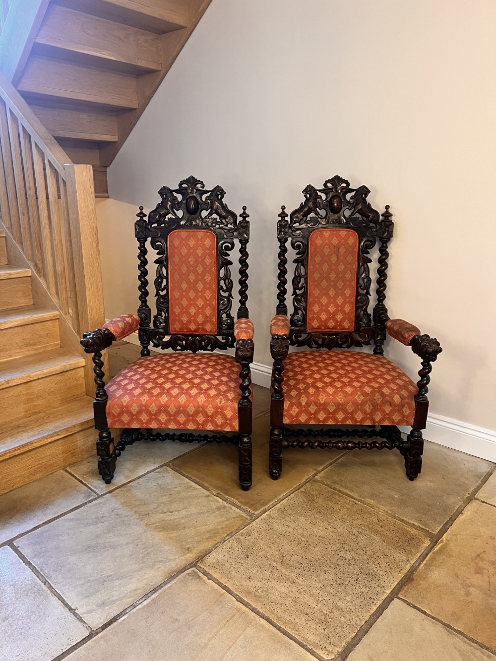 Pair of quality carved oak antique Victorian throne chairs 