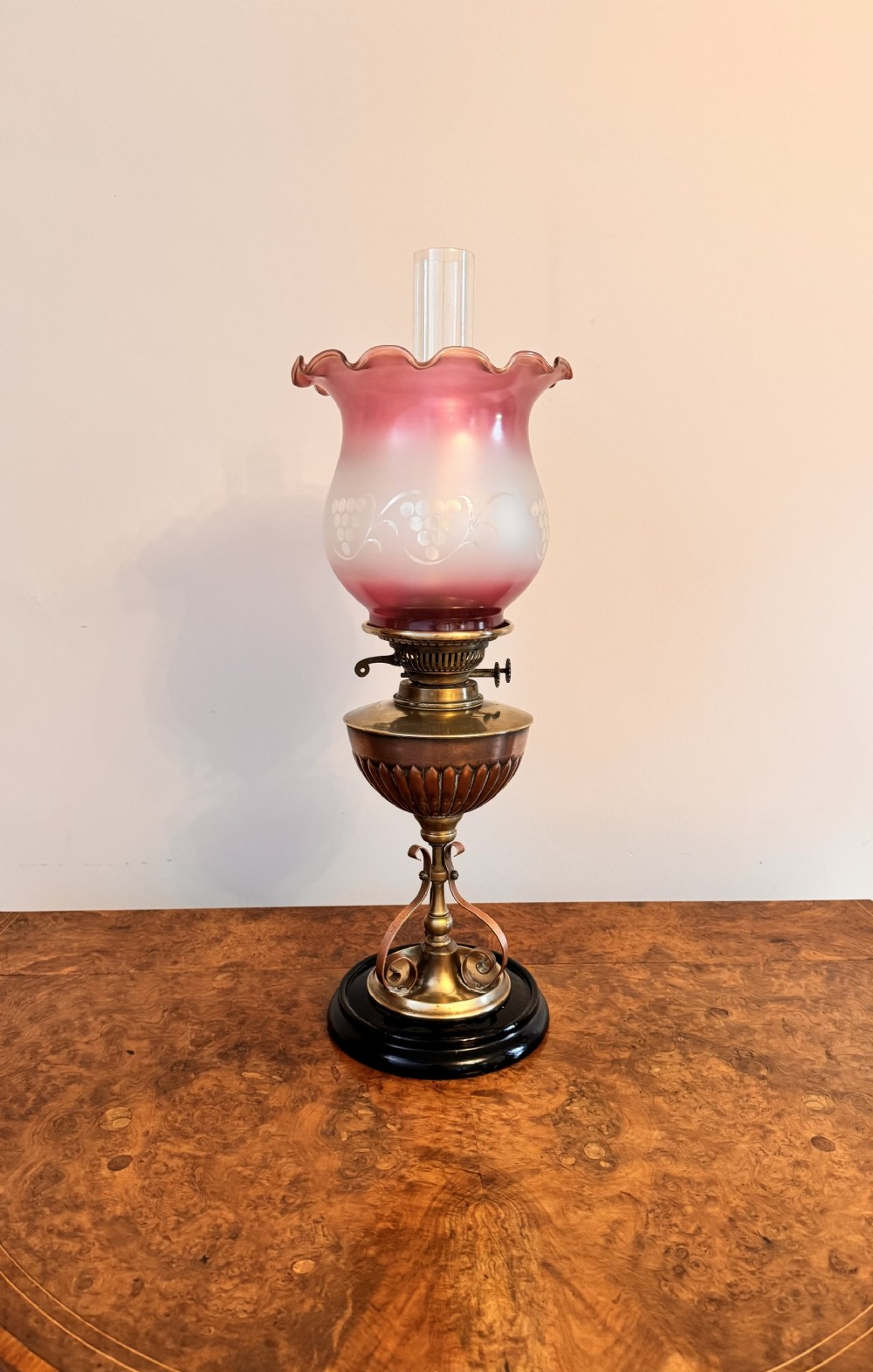 Stunning quality antique arts and crafts brass and copper oil lamp 