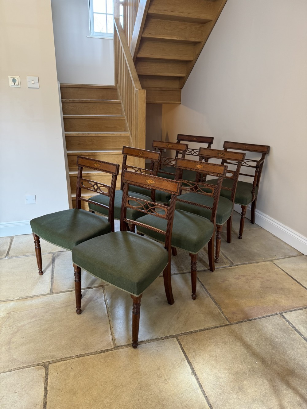 Stunning set of eight antique George III mahogany inlaid dining chairs 