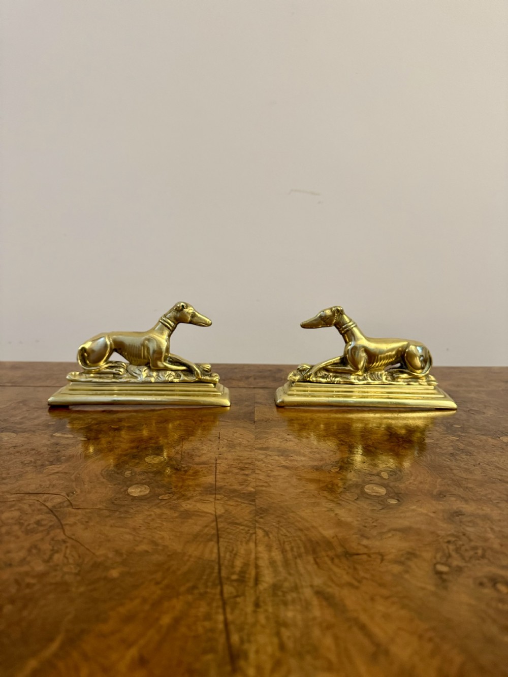 Unusual pair of antique Edwardian brass greyhound fire dogs 