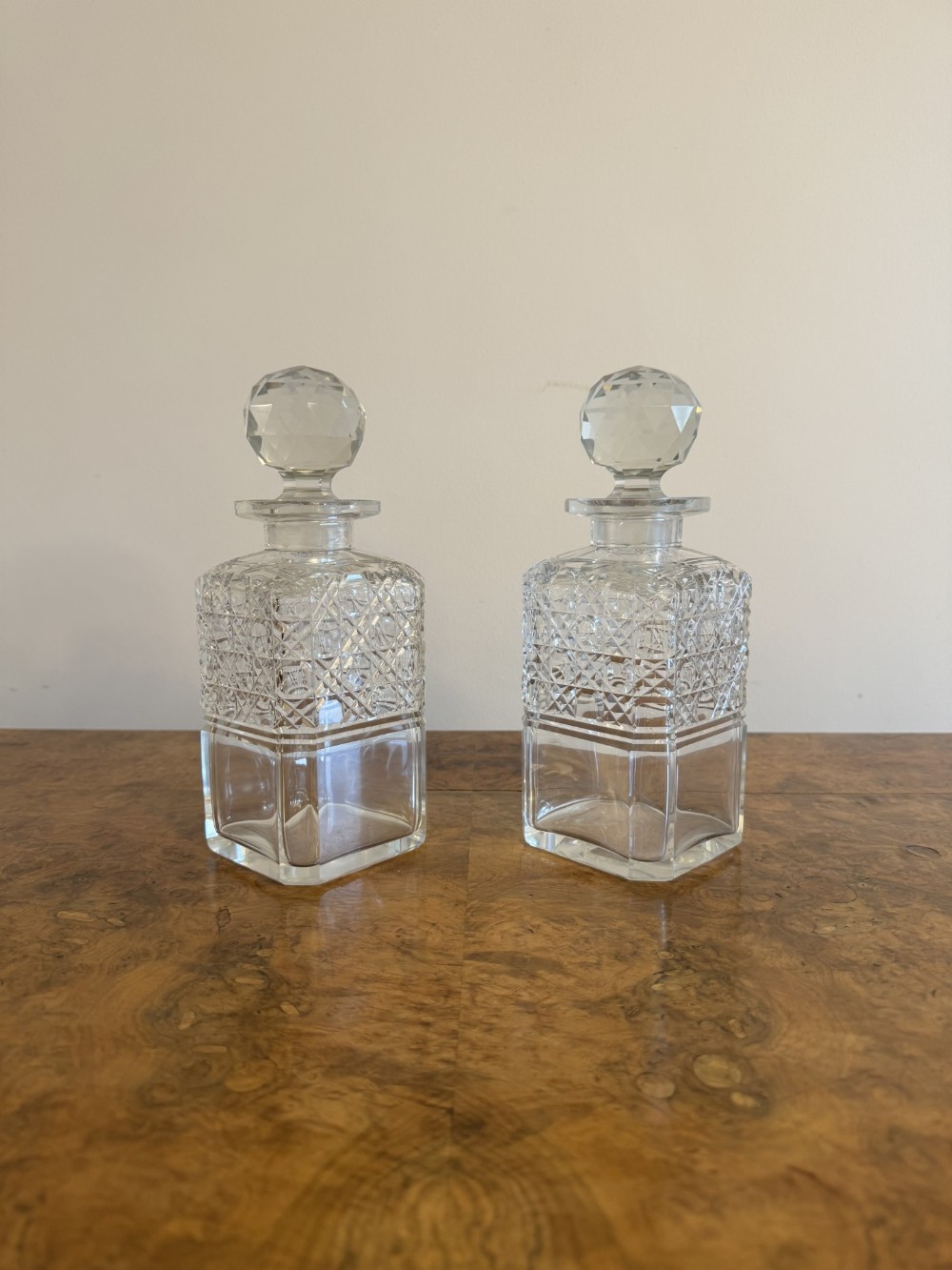 Quality pair of antique Victorian cut glass decanters