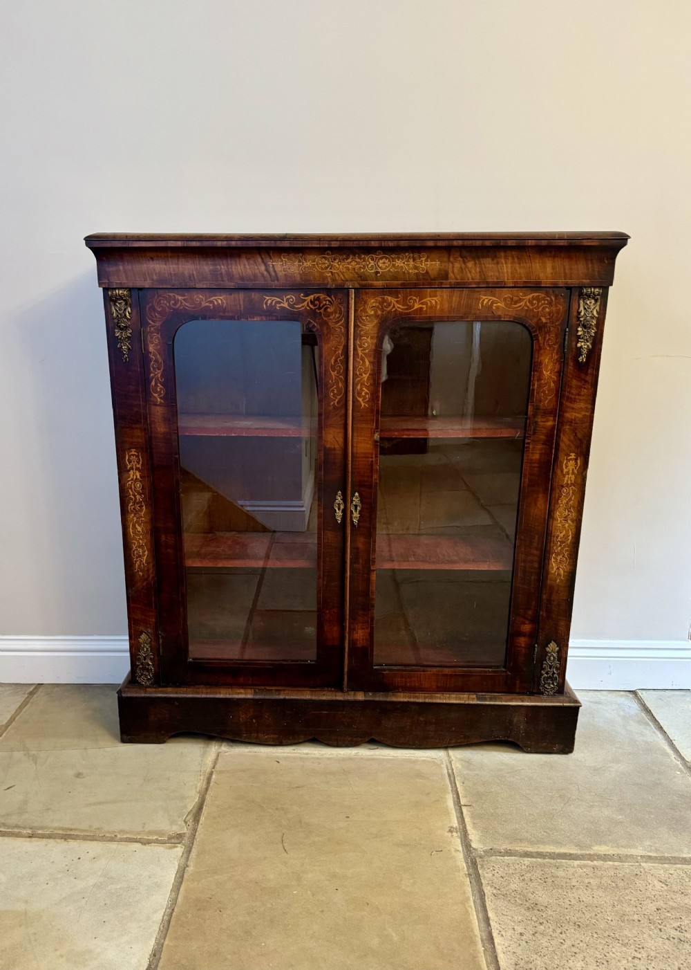 Large antique Victorian quality burr walnut inlaid display cabinet