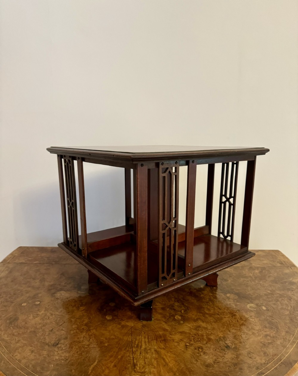 Lovely antique Edwardian mahogany inlaid table top revolving bookcase 