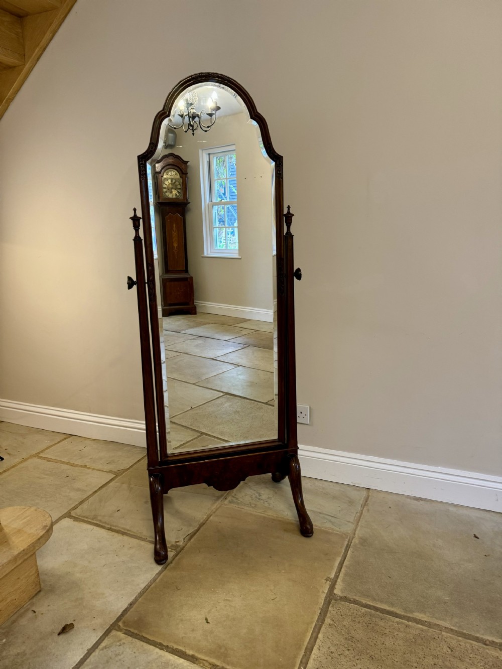 Fine quality antique Victorian carved walnut cheval mirror