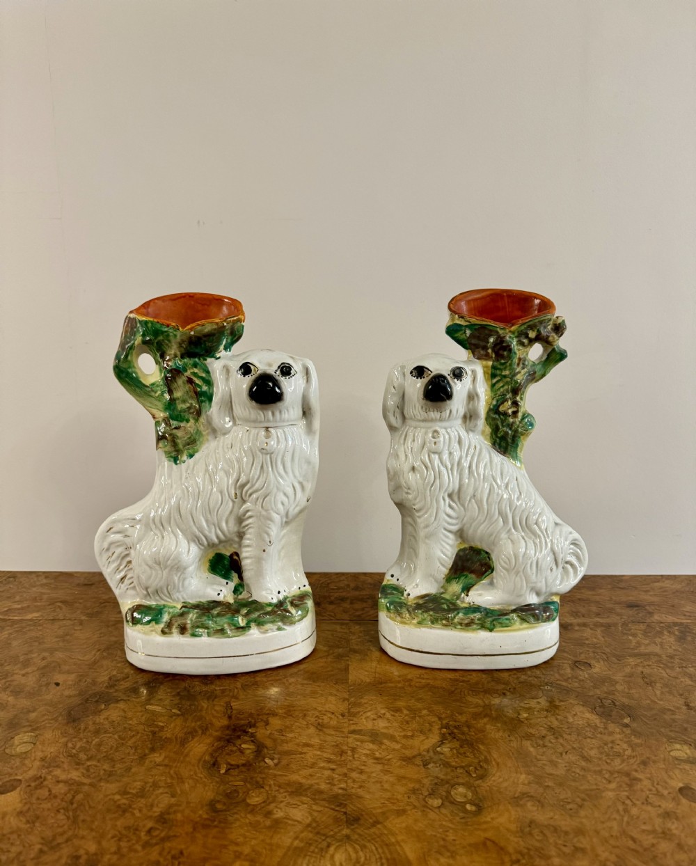 Quality pair of antique Victorian Staffordshire spaniel spill vases 