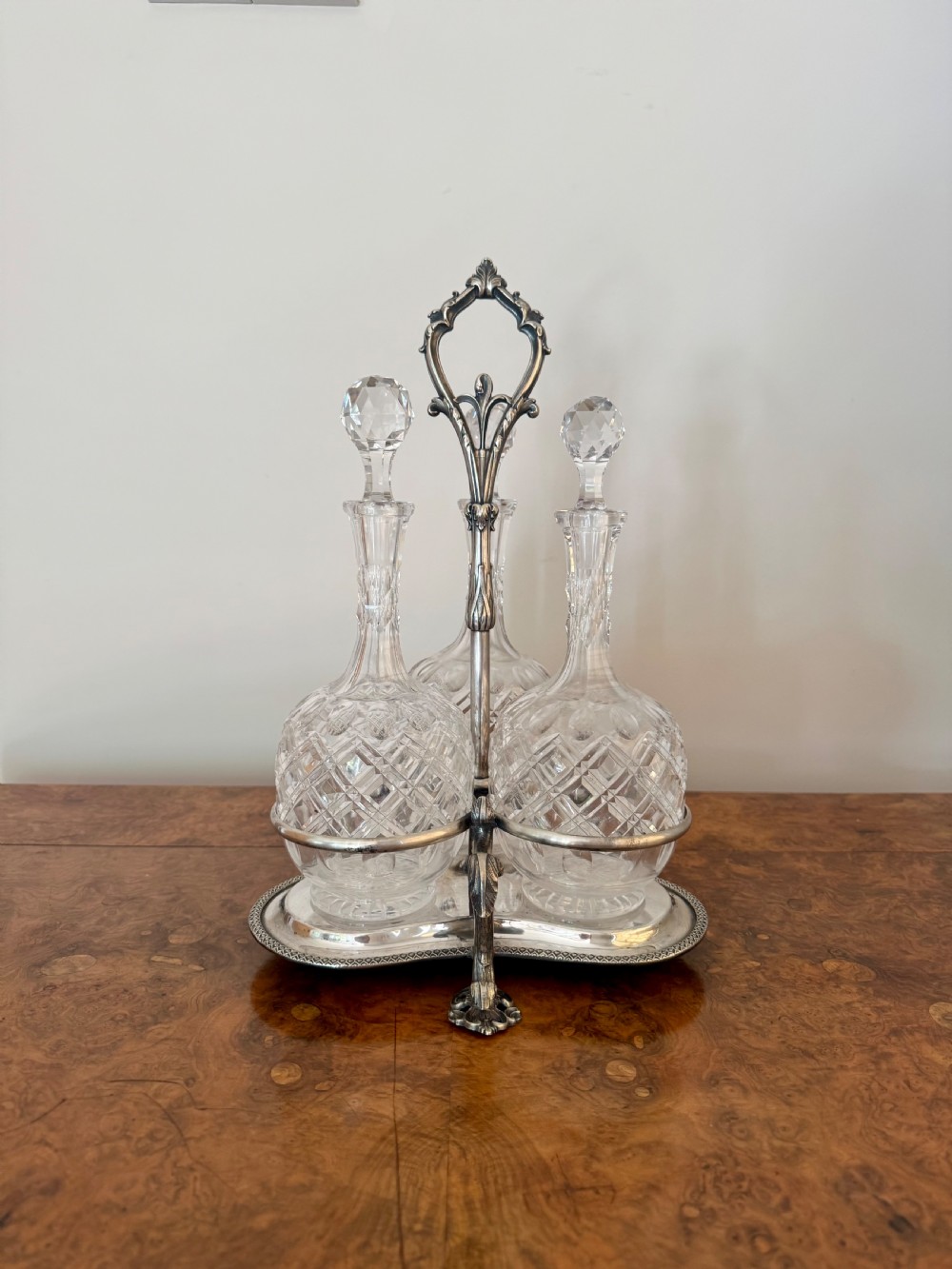Wonderful quality antique Edwardian quality cut glass decanters & original silver plated stand