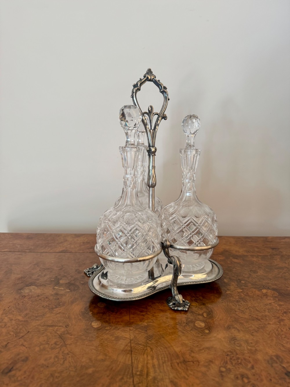 Wonderful quality antique Edwardian quality cut glass decanters & original silver plated stand View II