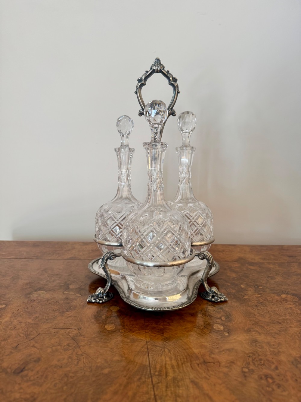 Wonderful quality antique Edwardian quality cut glass decanters & original silver plated stand View III