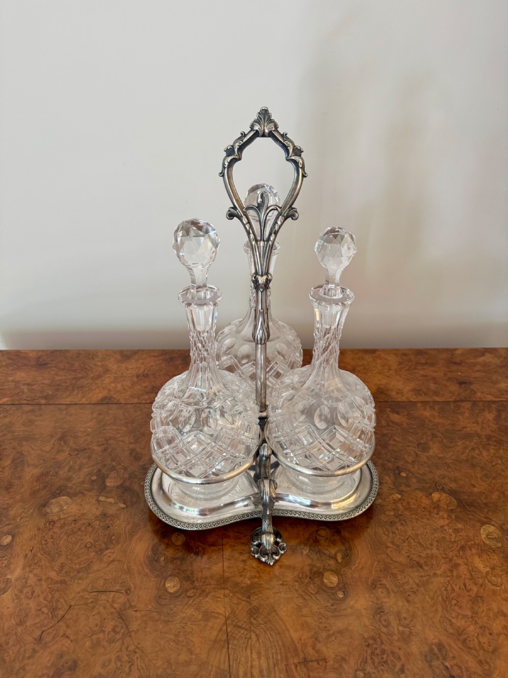 Wonderful quality antique Edwardian quality cut glass decanters & original silver plated stand View V