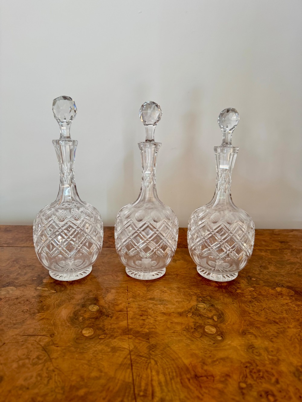 Wonderful quality antique Edwardian quality cut glass decanters & original silver plated stand View IX
