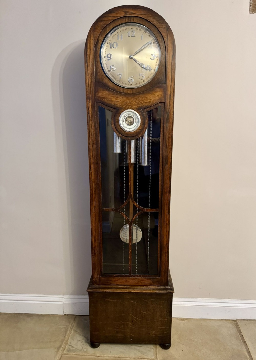 Unusual quality antique oak chiming longcase barometer clock 