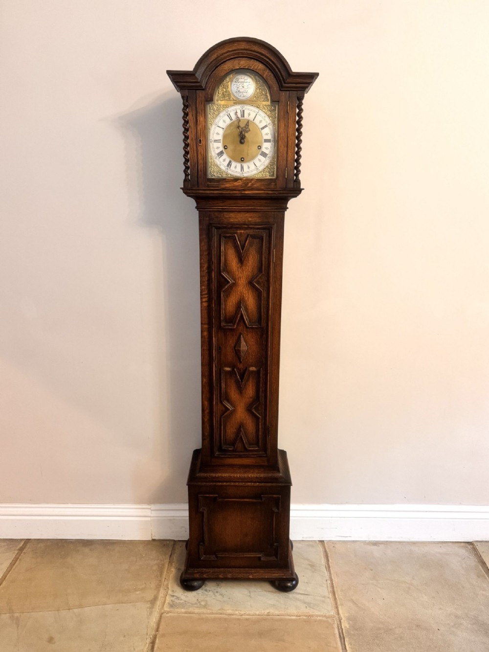 Fine Quality Antique Oak 8 Day Chiming Grandmother Clock