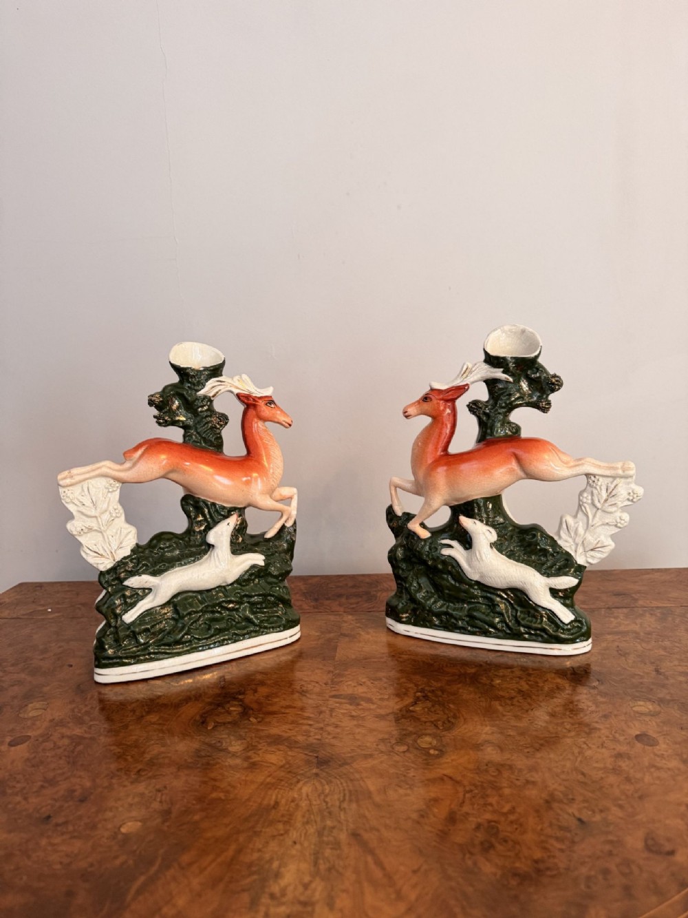 Large pair of antique 19th century Staffordshire deer spill vases  