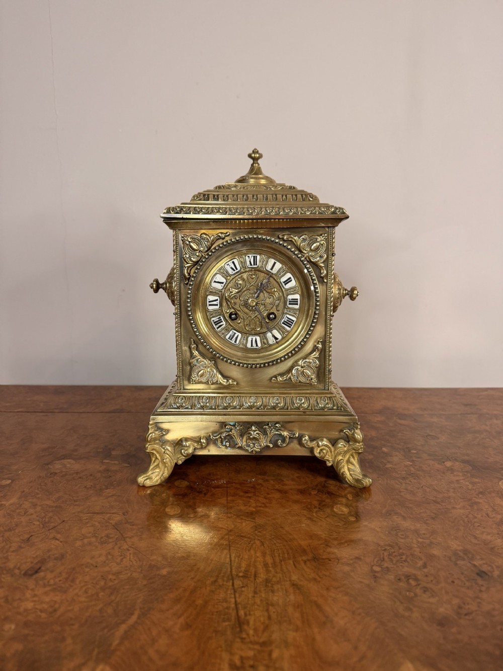 Outstanding quality large French antique Victorian ornate brass mantle clock