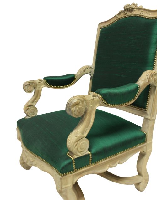 A LOUIS XIV STYLE ARMCHAIR IN EMERALD SILK - ADDITIONAL PHOTO 1