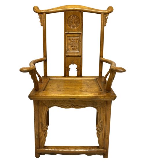 A GOOD PAIR OF XIX CENTURY CHINESE YOKE BACK SCHOLARS CHAIRS IN ELM - ADDITIONAL PHOTO 1