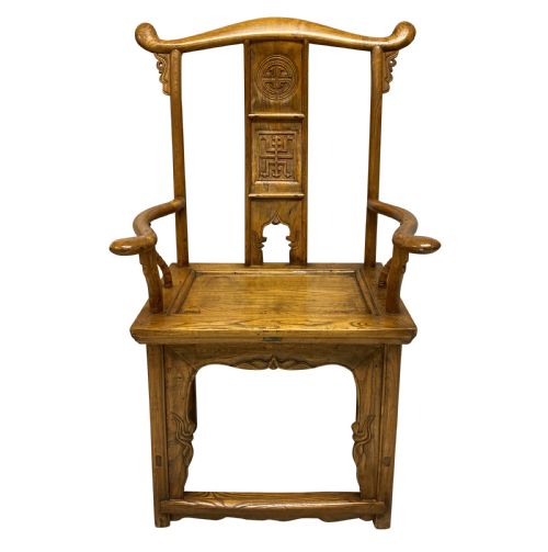 A GOOD PAIR OF XIX CENTURY CHINESE YOKE BACK SCHOLARS CHAIRS IN ELM - ADDITIONAL PHOTO 2