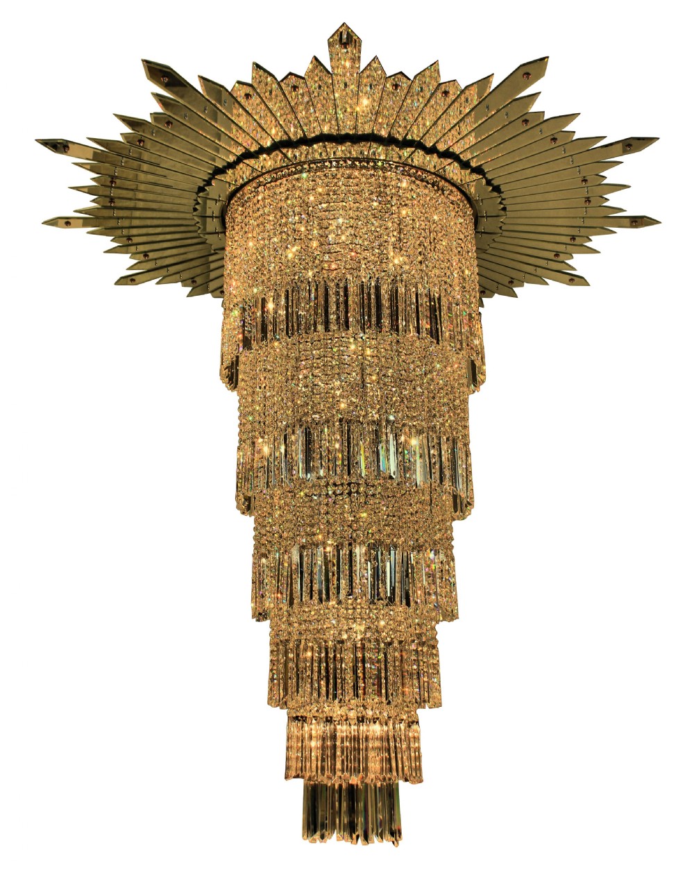A monumental tiered Art Deco chandelier featuring a sunburst mirrored corona above cascading cylindrical layers of crystal prisms.