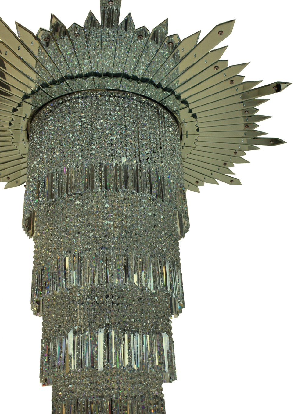 A monumental tiered Art Deco chandelier featuring a sunburst mirrored corona above cascading cylindrical layers of crystal prisms. View III