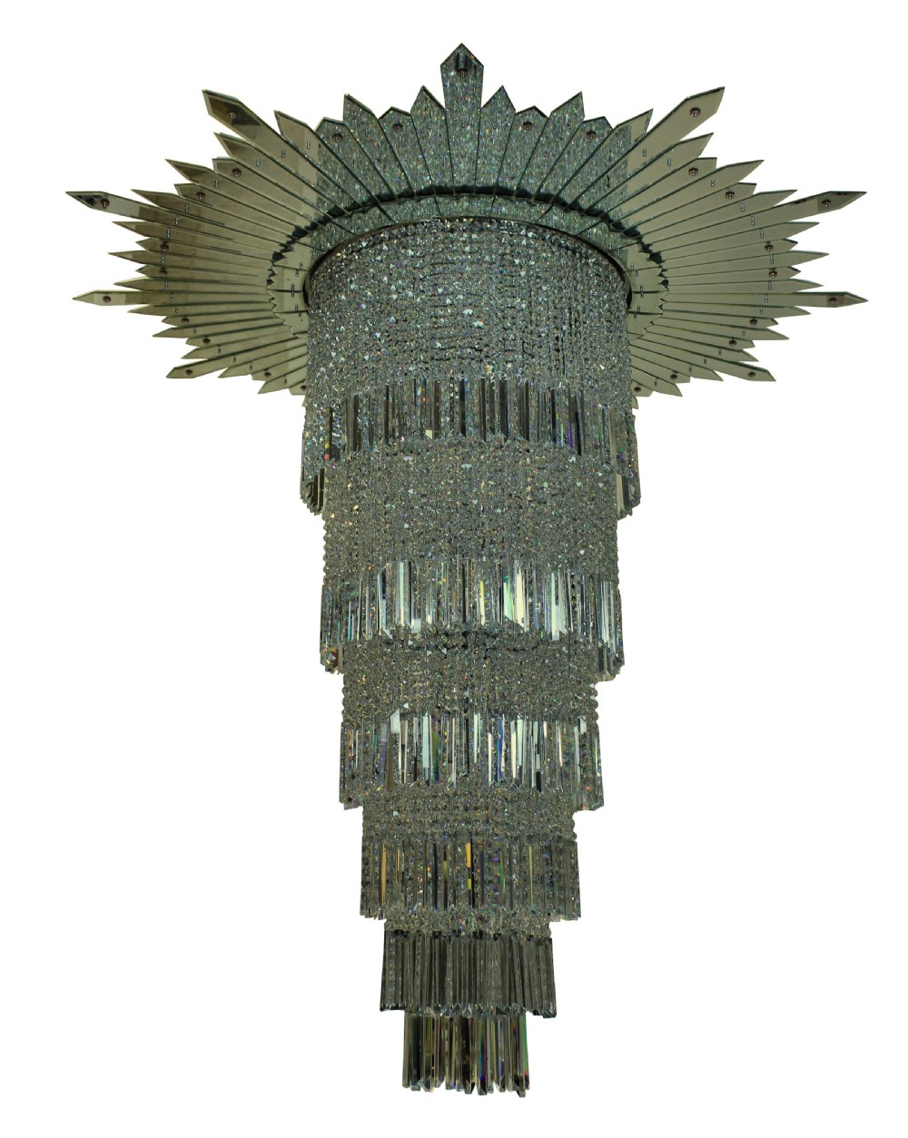 A monumental tiered Art Deco chandelier featuring a sunburst mirrored corona above cascading cylindrical layers of crystal prisms. View IX