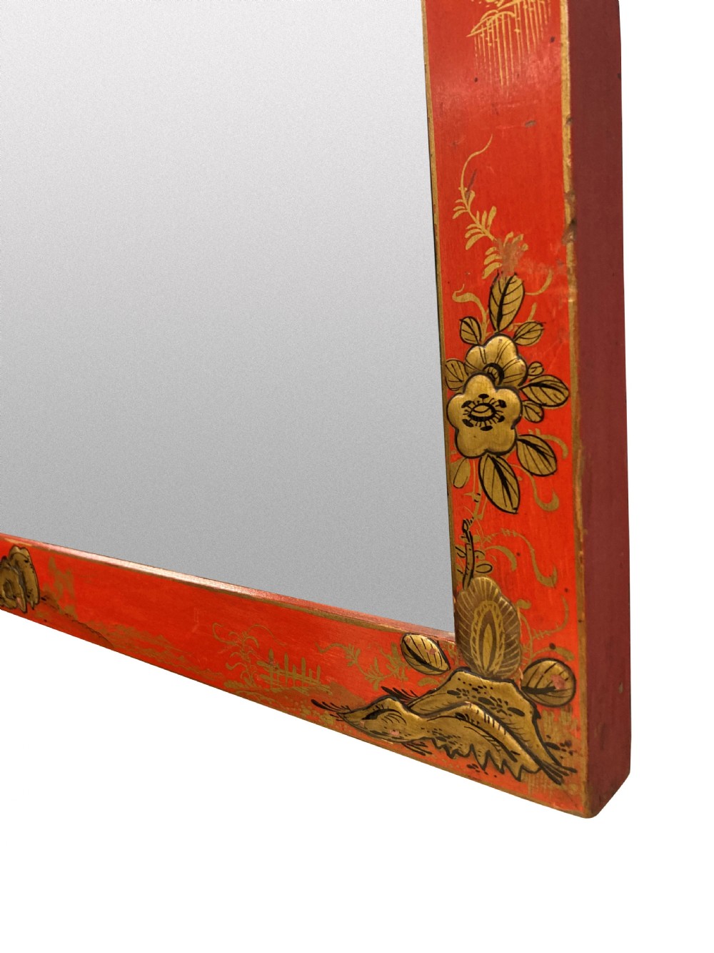 A pair of square wall mirrors featuring bright scarlet japanned frames decorated with gilded chinoiserie foliage and figures. View II