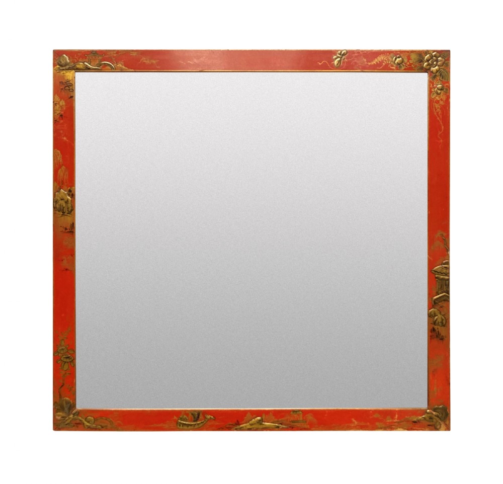 A pair of square wall mirrors featuring bright scarlet japanned frames decorated with gilded chinoiserie foliage and figures. View III