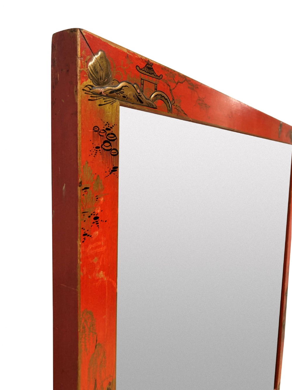A pair of square wall mirrors featuring bright scarlet japanned frames decorated with gilded chinoiserie foliage and figures. View V