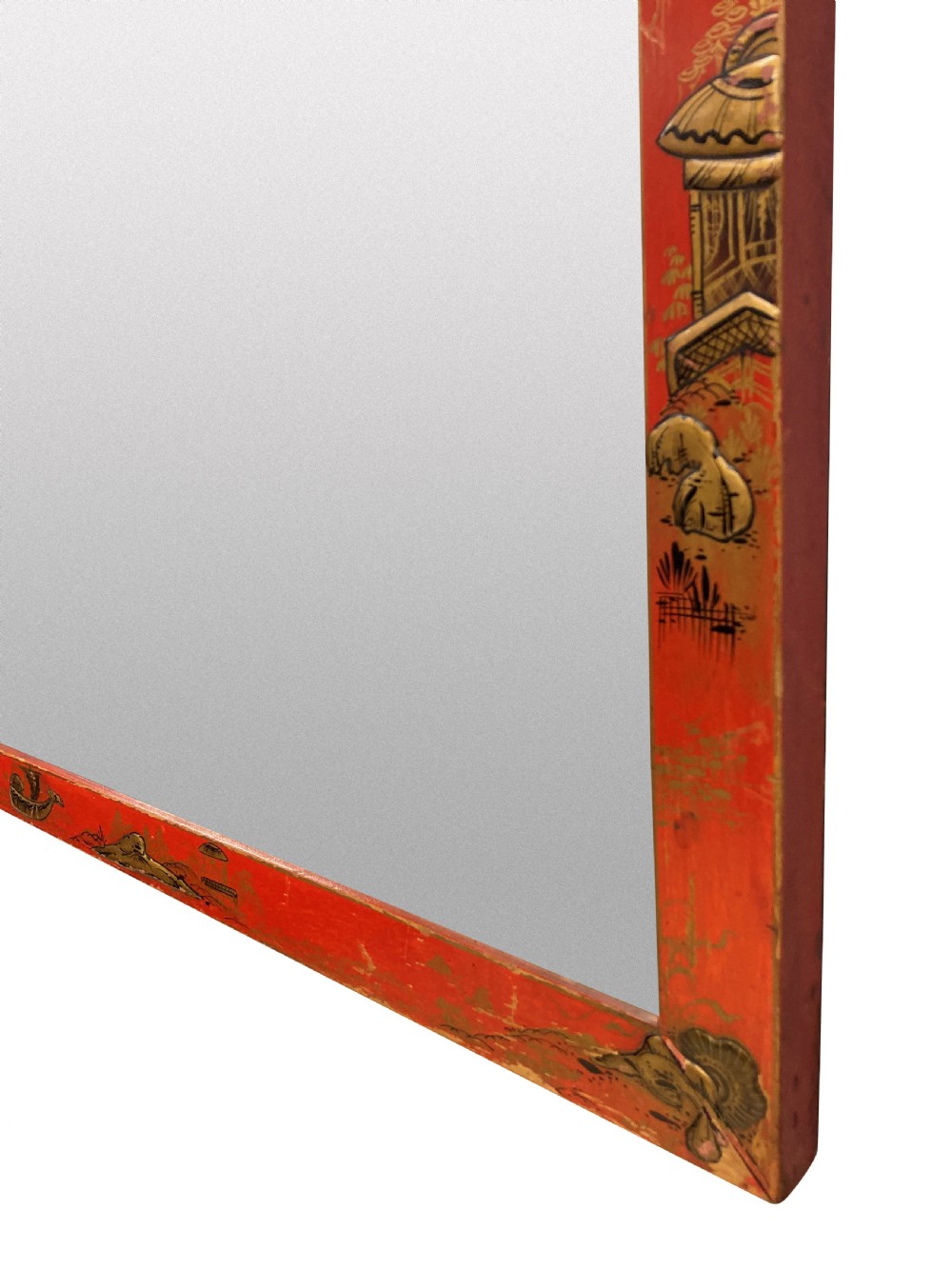 A pair of square wall mirrors featuring bright scarlet japanned frames decorated with gilded chinoiserie foliage and figures. View VI