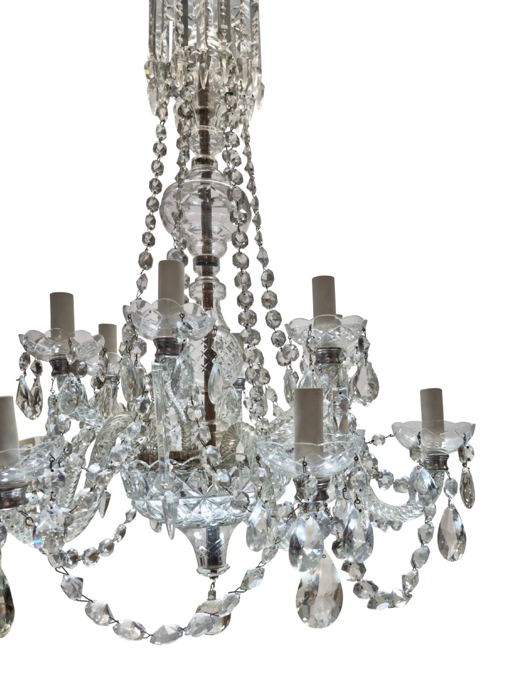 An English twelve-light cut glass chandelier featuring tiered glass arms, faceted crystal drops, and cascading bead swags. View II