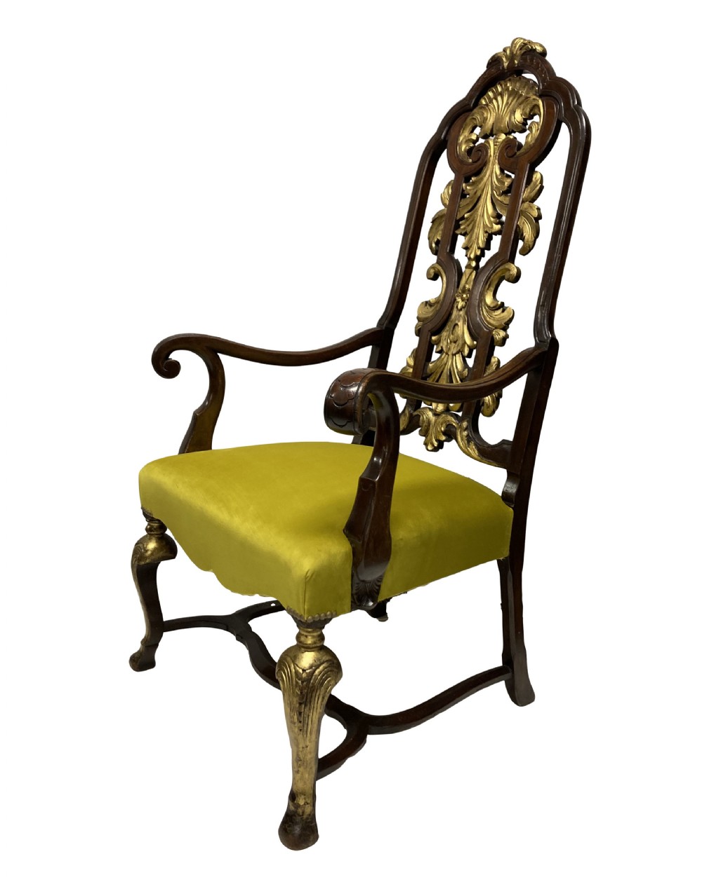 A high-backed Queen Anne style armchair featuring a carved and gilded openwork back splat, scrolled arms, gold cabriole front legs, and an olive green velvet seat. View II