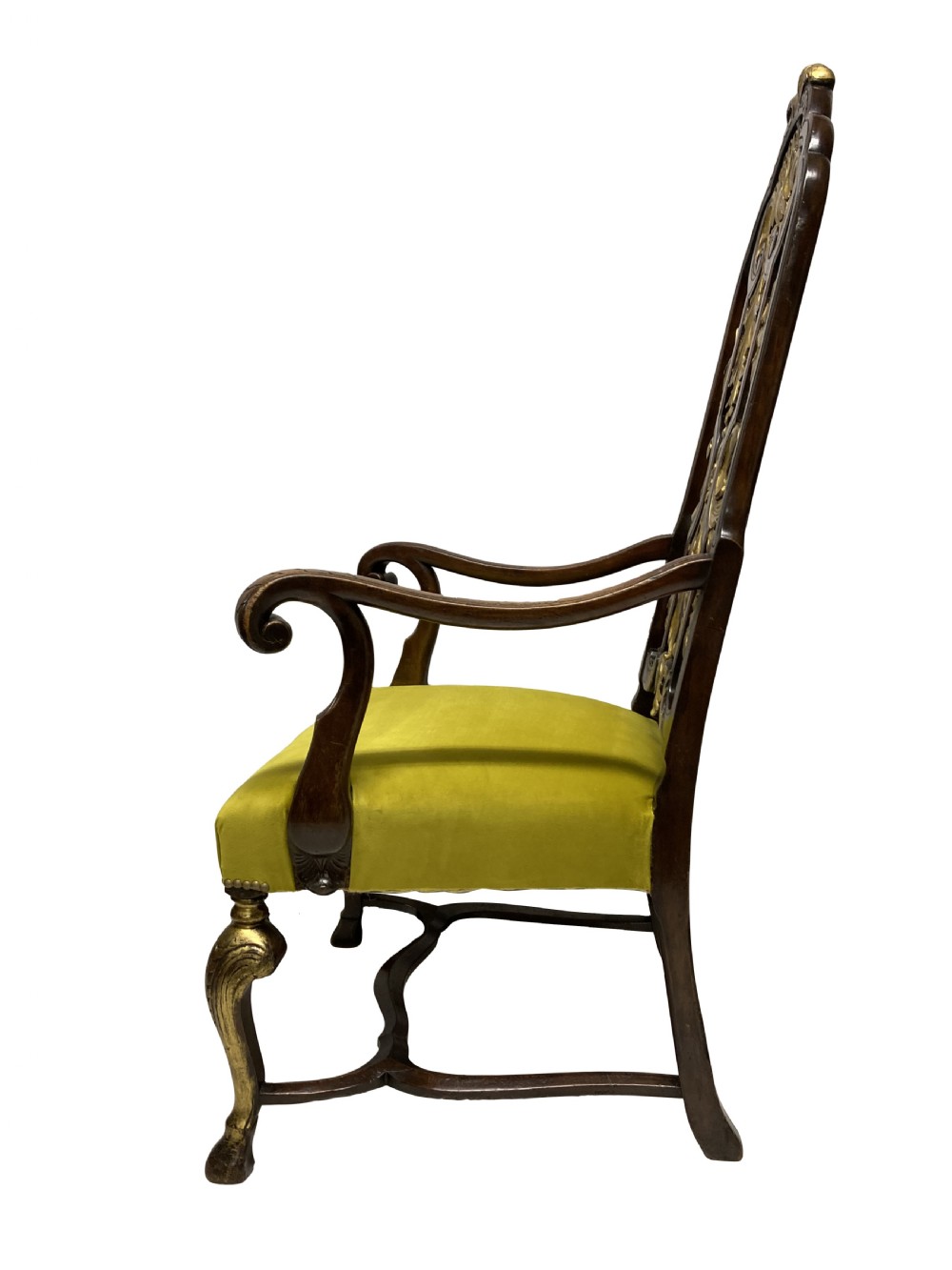 A high-backed Queen Anne style armchair featuring a carved and gilded openwork back splat, scrolled arms, gold cabriole front legs, and an olive green velvet seat. View III