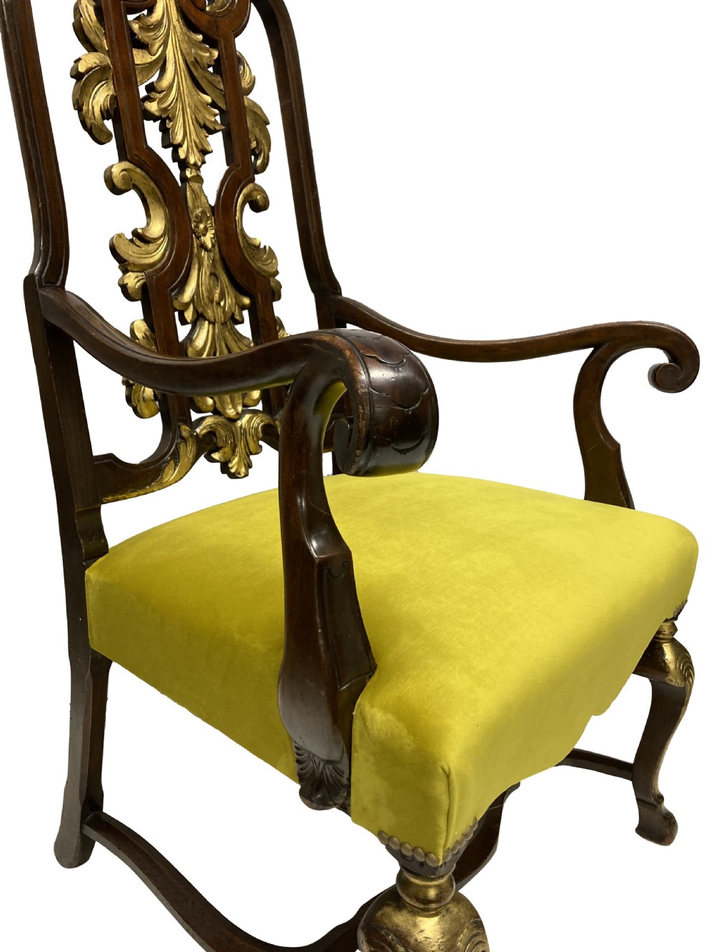 A high-backed Queen Anne style armchair featuring a carved and gilded openwork back splat, scrolled arms, gold cabriole front legs, and an olive green velvet seat. View IV
