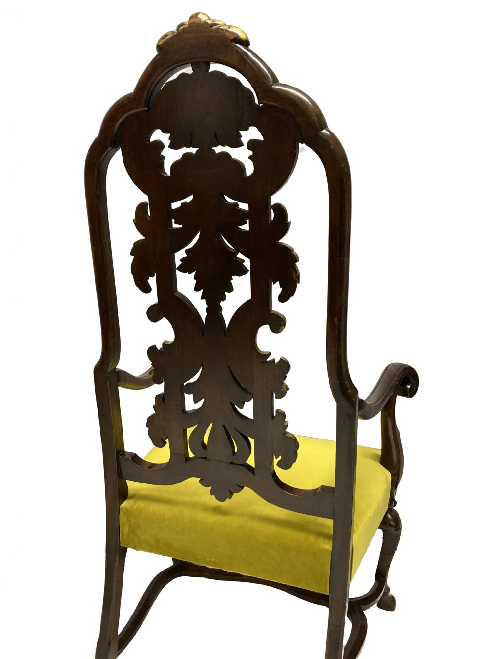 A high-backed Queen Anne style armchair featuring a carved and gilded openwork back splat, scrolled arms, gold cabriole front legs, and an olive green velvet seat. View V