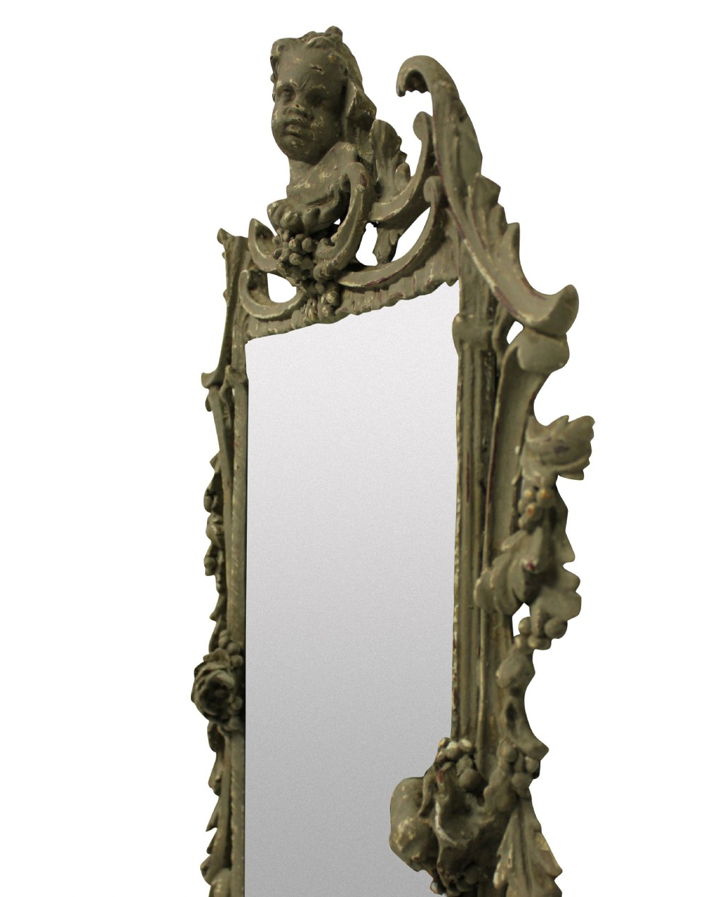 An ornate George III style rectangular wall mirror with a carved giltwood frame featuring a cherub crest, pierced acanthus scrolls, and grapevine motifs. View III