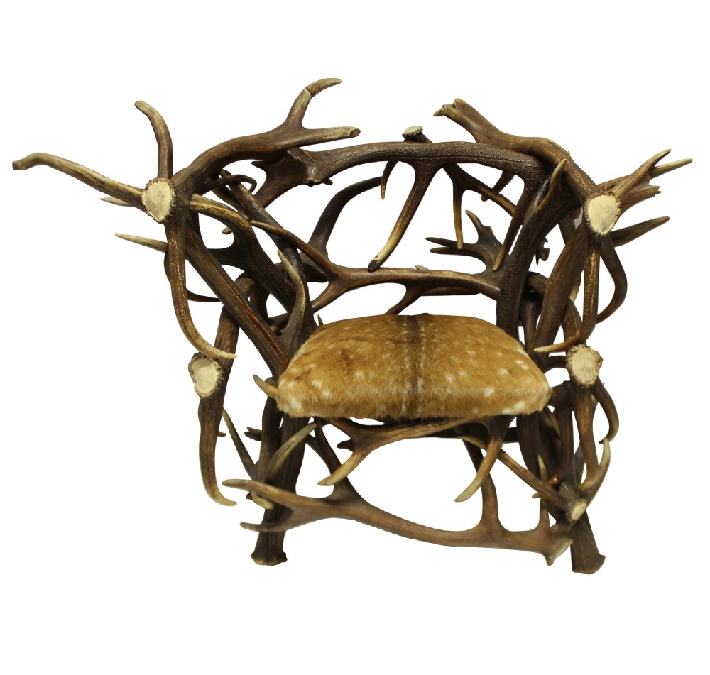 A pair of antique armchairs constructed from interwoven stag antlers with natural spotted hide seats. View V