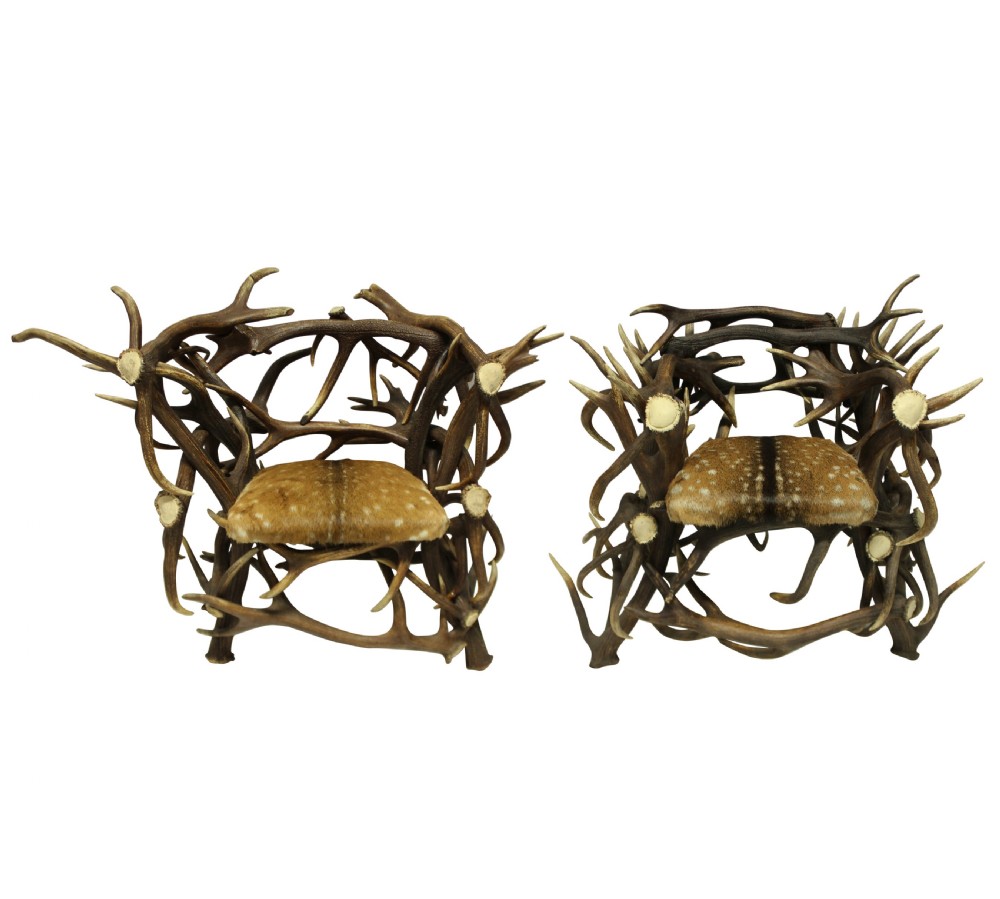 A pair of antique armchairs constructed from interwoven stag antlers with natural spotted hide seats. View VII