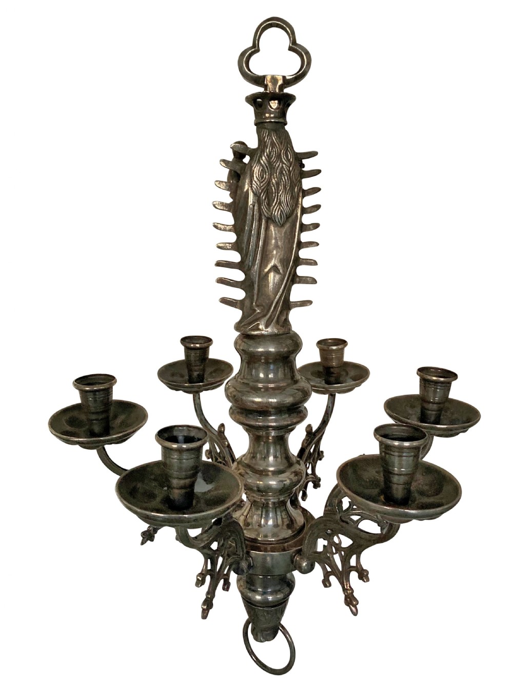 A silver-plated Flemish Gothic candle chandelier featuring a central Madonna and Child figure, baluster stem, and six scrolling arms with openwork tracery. View V